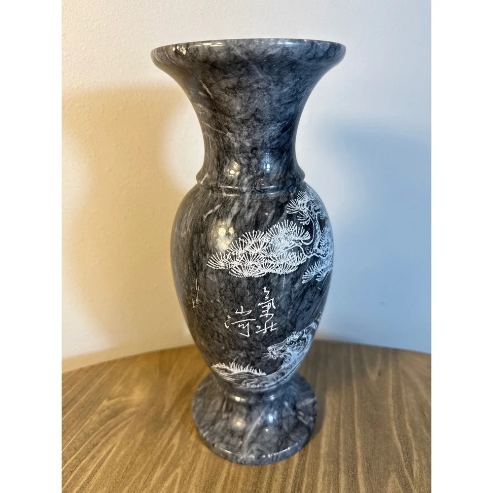 Vintage Hand Carved Marble Vase Home Decor 12.5in Grey Etched Tiger Pine Tree